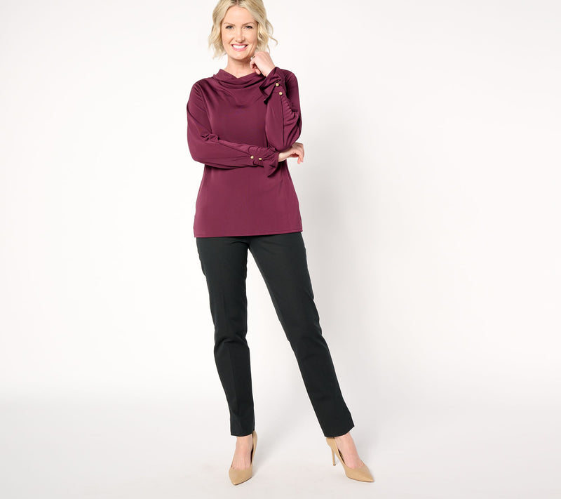 Isaac Mizrahi Live! Estate Cowl Neck Long Sleeve Top w/ Gold Buttons — View 11