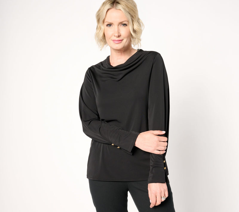 Isaac Mizrahi Live! Estate Cowl Neck Long Sleeve Top w/ Gold Buttons — View 7