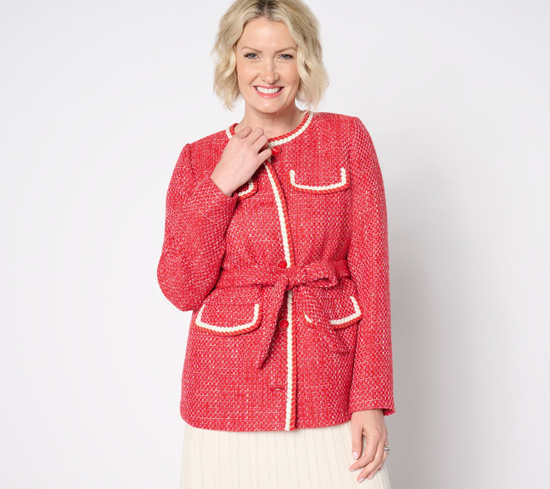 Isaac Mizrahi Live! Petite Woven Tweed Jacket with Self Tie Belt — View 7