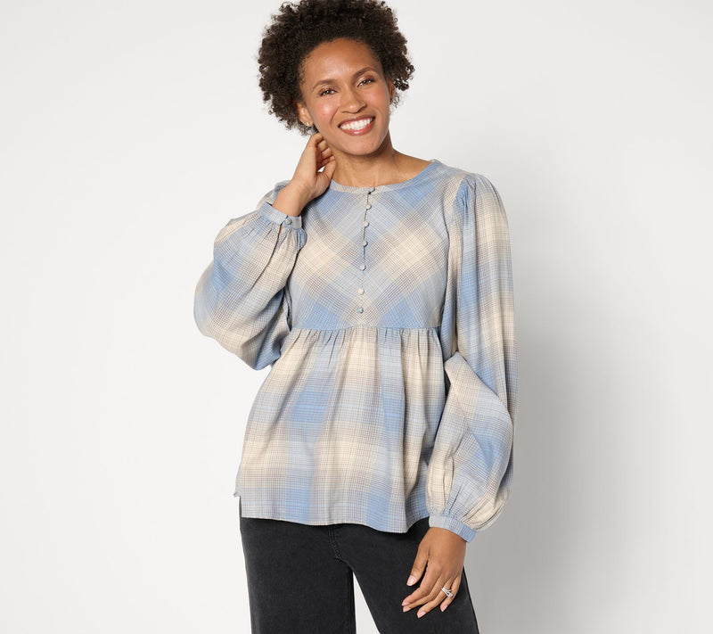 Me by Jennie Garth Ynez Drapey Flannel Blouse with Curve Yoke — Main view