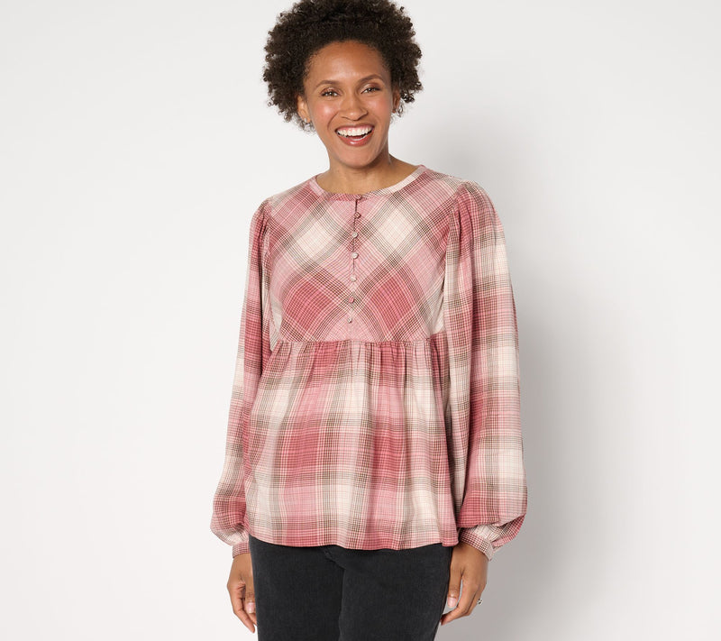 Me by Jennie Garth Ynez Drapey Flannel Blouse with Curve Yoke — View 7
