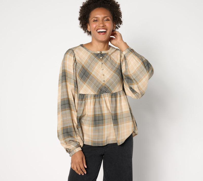 Me by Jennie Garth Ynez Drapey Flannel Blouse with Curve Yoke — View 5