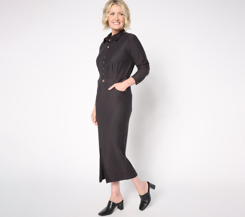 Peace Love World Denim Petite Knit Long Sleeve Dress- Black — Main view