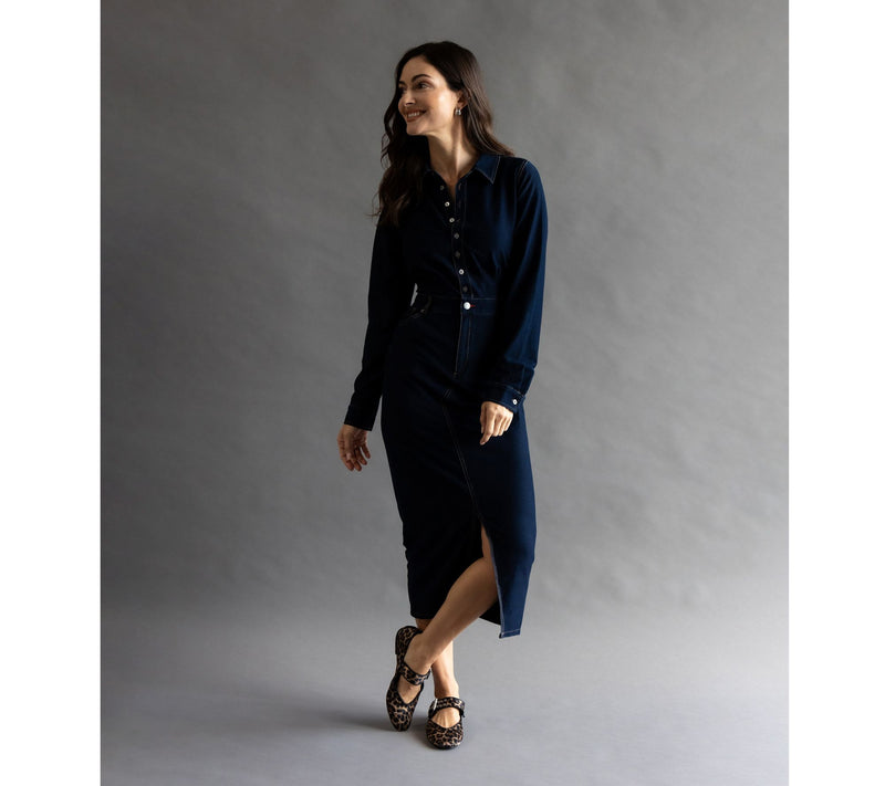 Peace Love World Denim Petite Knit Long Sleeve Dress- Black — View 10