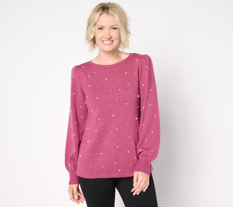 Dennis Basso Fashion Sweater with Simulated Pearl Embellishment — View 7