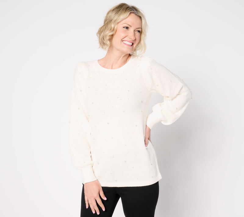 Dennis Basso Fashion Sweater with Simulated Pearl Embellishment — View 5