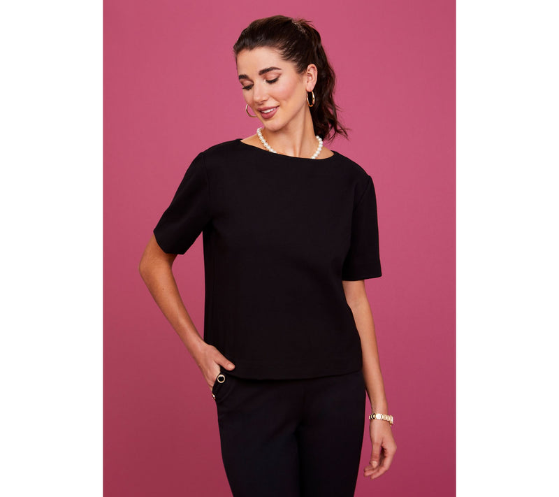 Isaac Mizrahi Live! Sublime Stretch Ponte Elbow Sleeve Boat Neck Top — View 6