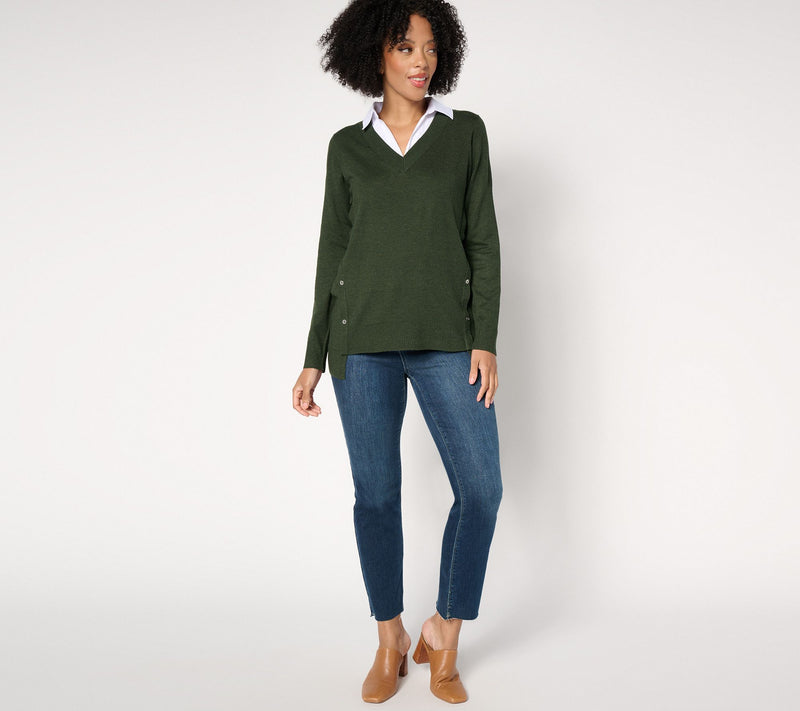 Denim & Co. Collared 2fer V-Neck Sweater — View 12
