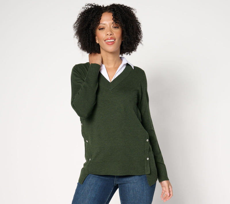 Denim & Co. Collared 2fer V-Neck Sweater — Main view