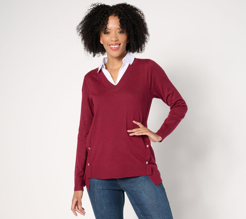 Denim & Co. Collared 2fer V-Neck Sweater — View 9