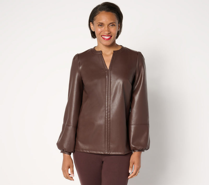 Belle by Kim Gravel Faux Leather Knit Back Blouson Slv Top — View 7