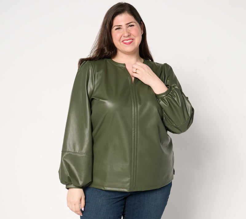 Belle by Kim Gravel Faux Leather Knit Back Blouson Slv Top — View 10