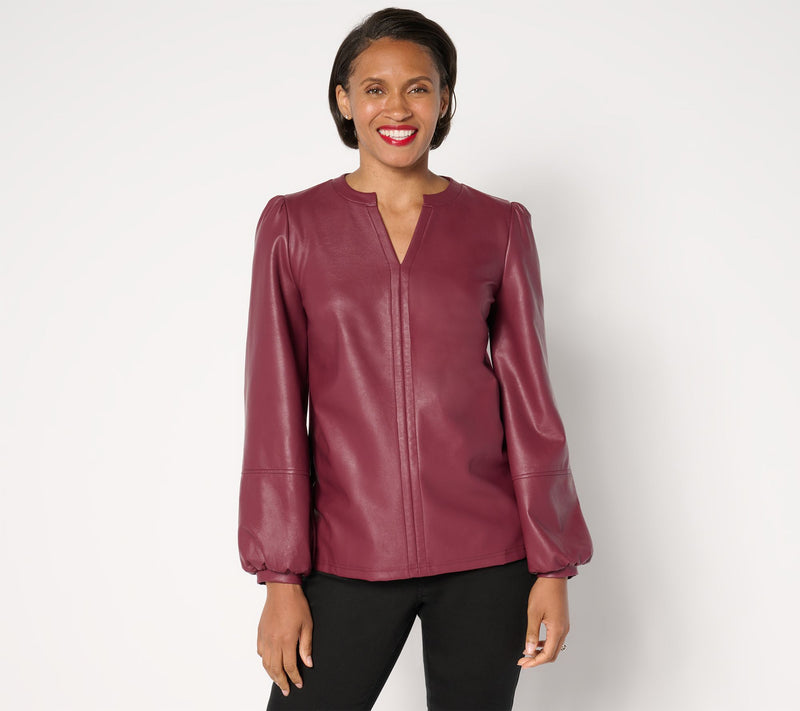 Belle by Kim Gravel Faux Leather Knit Back Blouson Slv Top — View 5