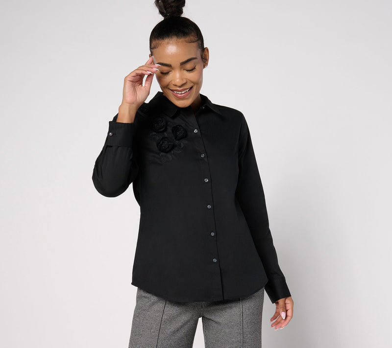 BEAUTIFUL by Lawrence Zarian Embellished Button-Front Poplin Shirt — View 7