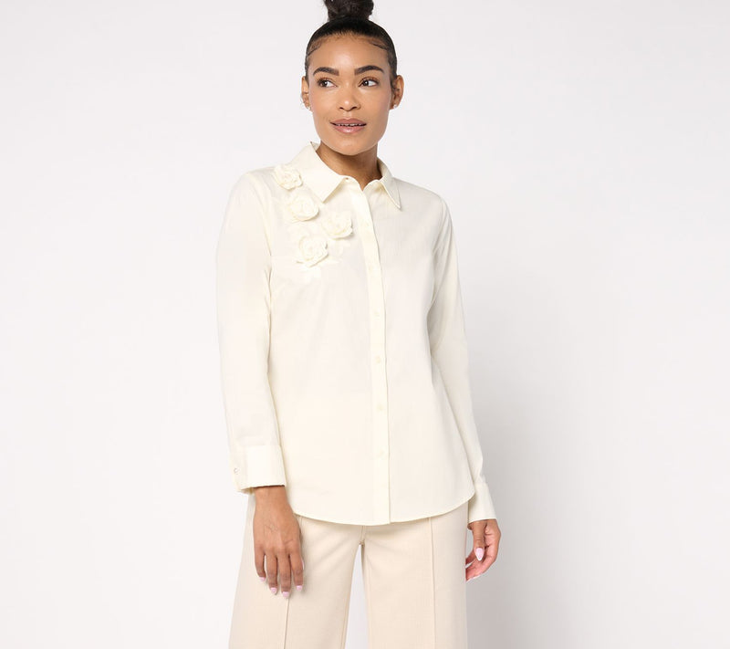 BEAUTIFUL by Lawrence Zarian Embellished Button-Front Poplin Shirt — View 5