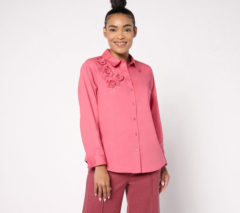 BEAUTIFUL by Lawrence Zarian Embellished Button-Front Poplin Shirt — View 3