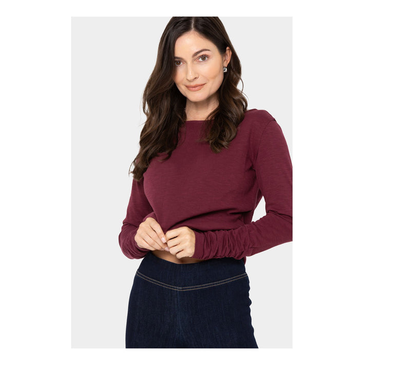 Peace Love World Boatneck Long Sleeve Tee with Sleeve Rouching — View 12
