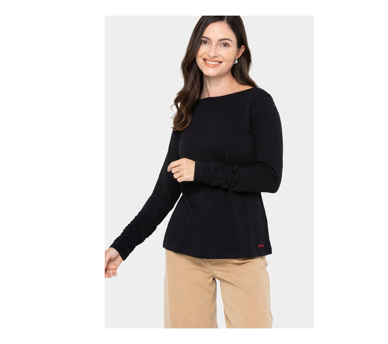Peace Love World Boatneck Long Sleeve Tee with Sleeve Rouching — View 13