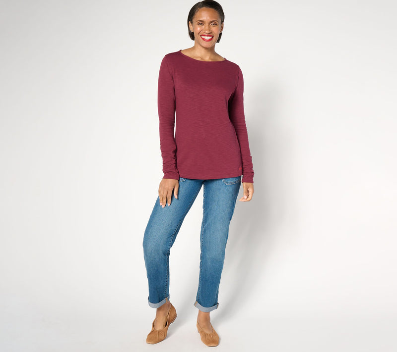 Peace Love World Boatneck Long Sleeve Tee with Sleeve Rouching — View 9