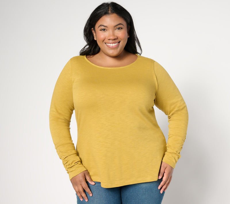 Peace Love World Boatneck Long Sleeve Tee with Sleeve Rouching — View 5
