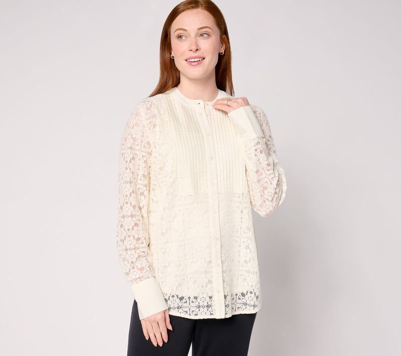 BEAUTIFUL by Lawrence Zarian Button Front Lace Shirt with Knit Tank — View 9