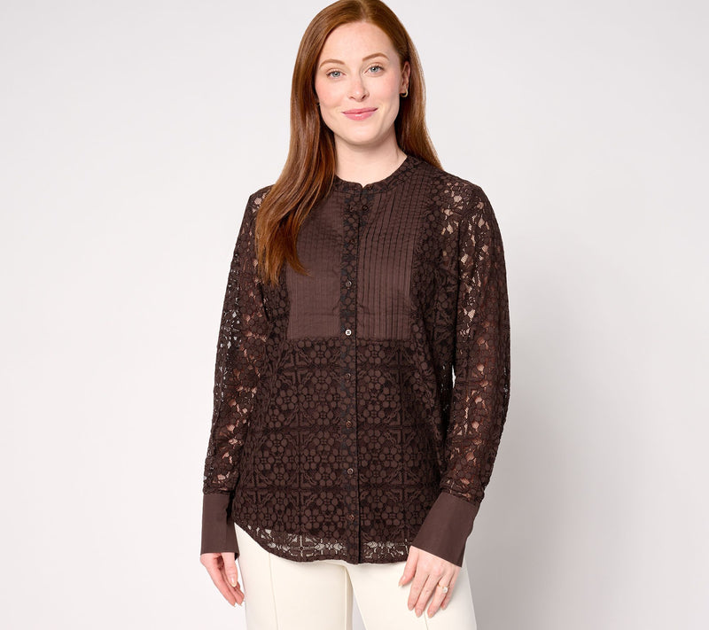 BEAUTIFUL by Lawrence Zarian Button Front Lace Shirt with Knit Tank — View 10
