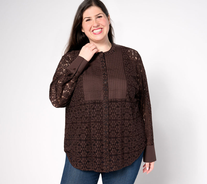 BEAUTIFUL by Lawrence Zarian Button Front Lace Shirt with Knit Tank — View 2