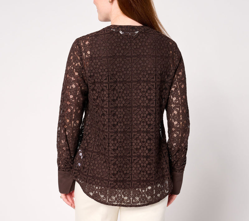 BEAUTIFUL by Lawrence Zarian Button Front Lace Shirt with Knit Tank — View 3
