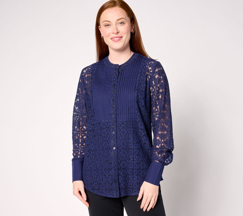BEAUTIFUL by Lawrence Zarian Button Front Lace Shirt with Knit Tank — View 11