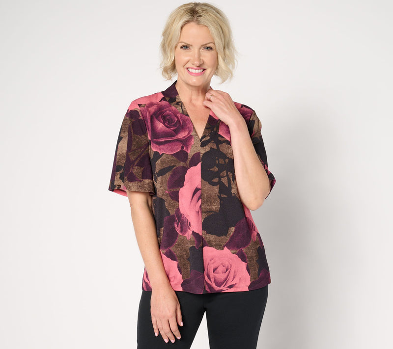 BEAUTIFUL by Lawrence Zarian Knit Crepe Pleated V-Neck Printed Top — View 5