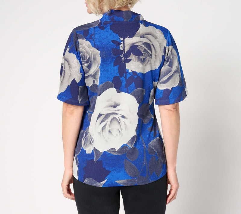 BEAUTIFUL by Lawrence Zarian Knit Crepe Pleated V-Neck Printed Top — View 11
