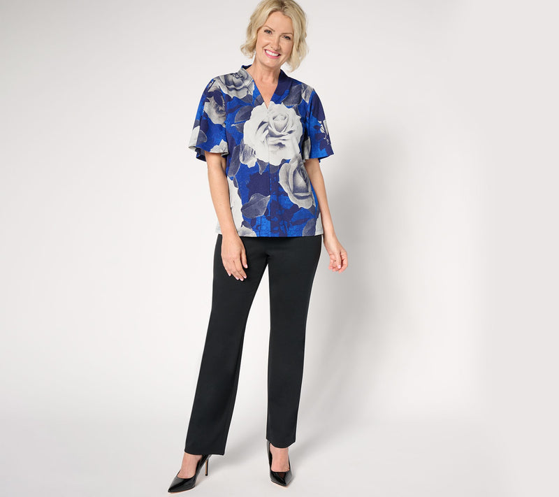 BEAUTIFUL by Lawrence Zarian Knit Crepe Pleated V-Neck Printed Top — View 12