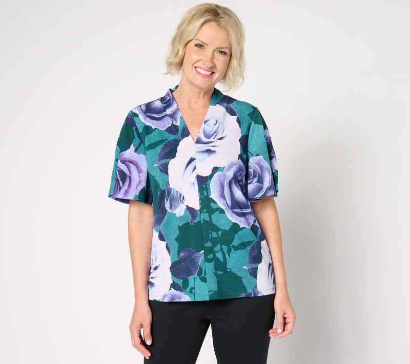 BEAUTIFUL by Lawrence Zarian Knit Crepe Pleated V-Neck Printed Top — View 9