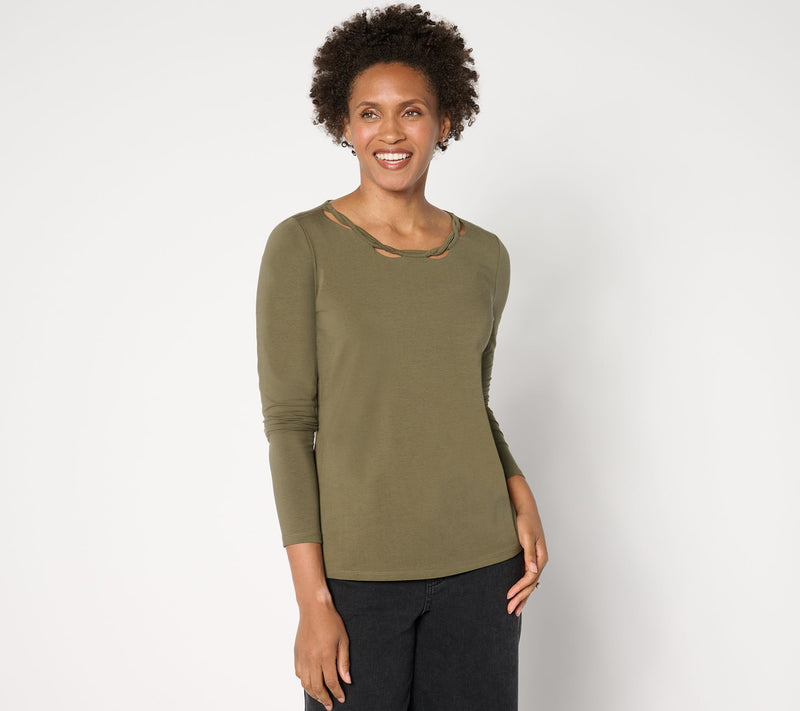 Women with Control Washed Cotton Tee with Twist Neck Detail — View 3