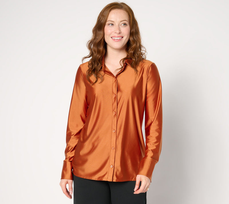 Women with Control Fluid Satin Button Front Top — View 5