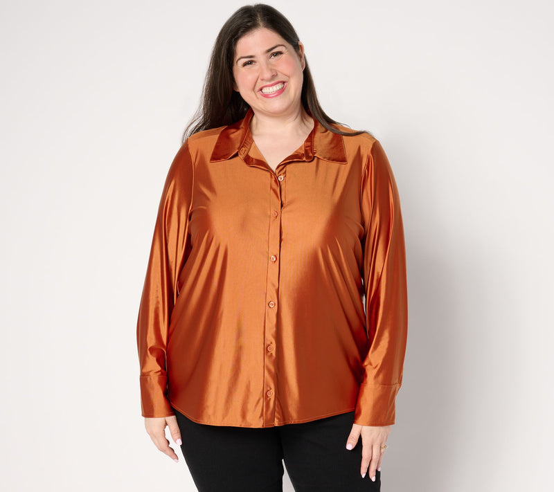 Women with Control Fluid Satin Button Front Top — View 10