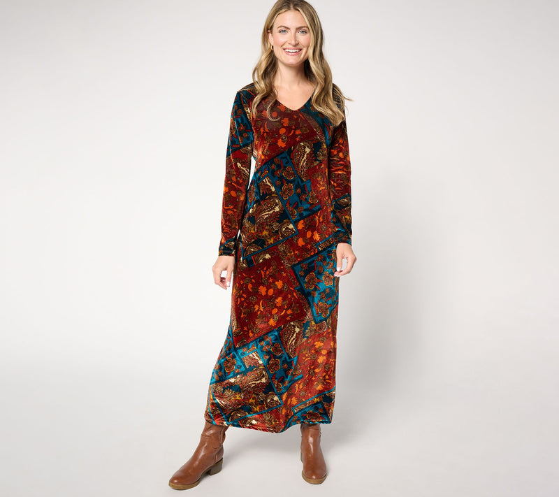 Women with Control Petite Printed Knit Velvet V-Neck Dress — Main view