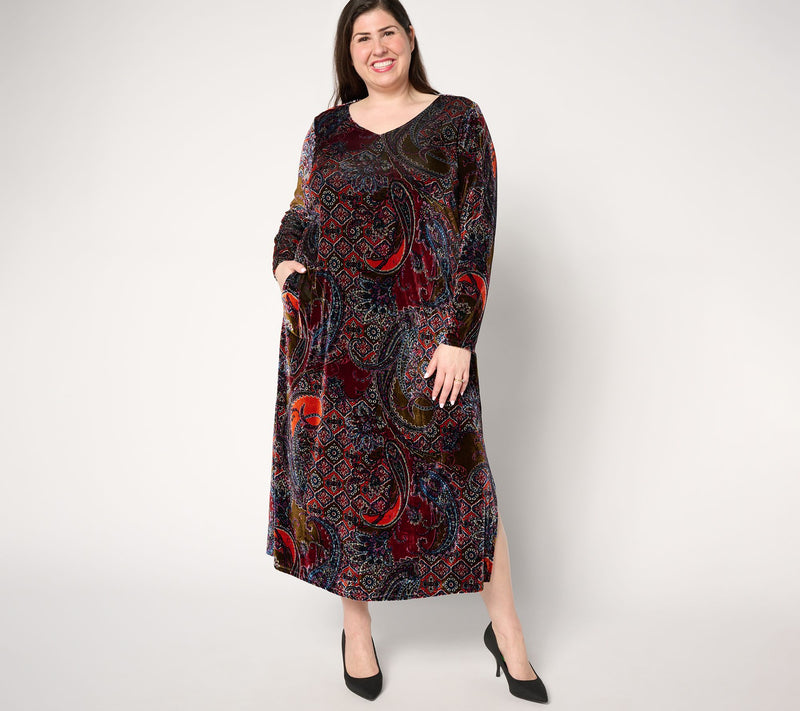 Women with Control Petite Printed Knit Velvet V-Neck Dress — View 8