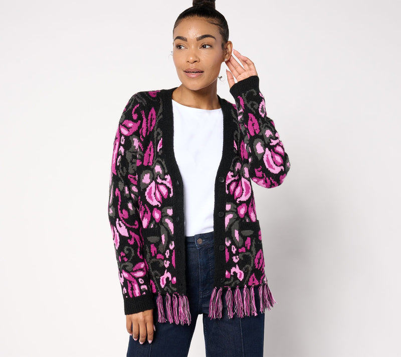 Women with Control Jacquard Cardigan w/ Fringe Hem — View 9
