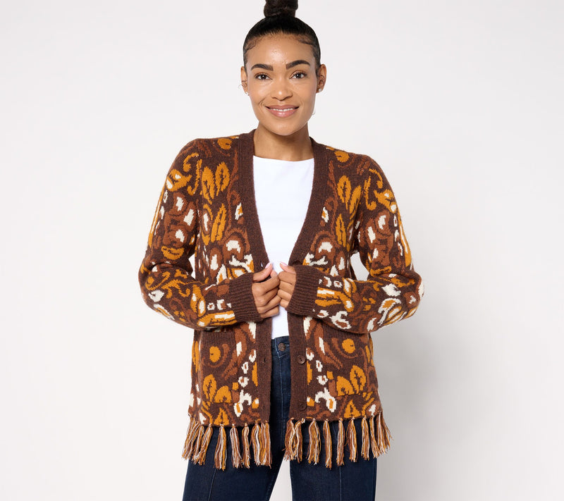 Women with Control Jacquard Cardigan w/ Fringe Hem — Main view