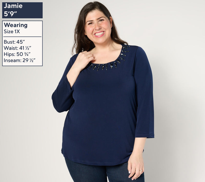 Susan Graver Artisan Embellished Neck Top with 3/4 Sleeves — View 10