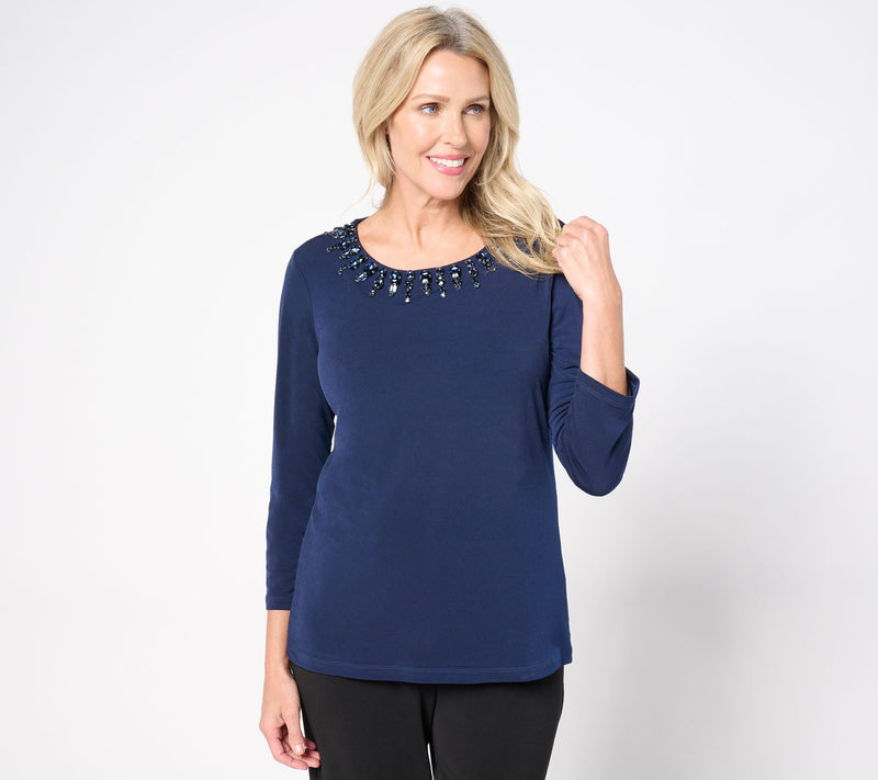 Susan Graver Artisan Embellished Neck Top with 3/4 Sleeves — View 5