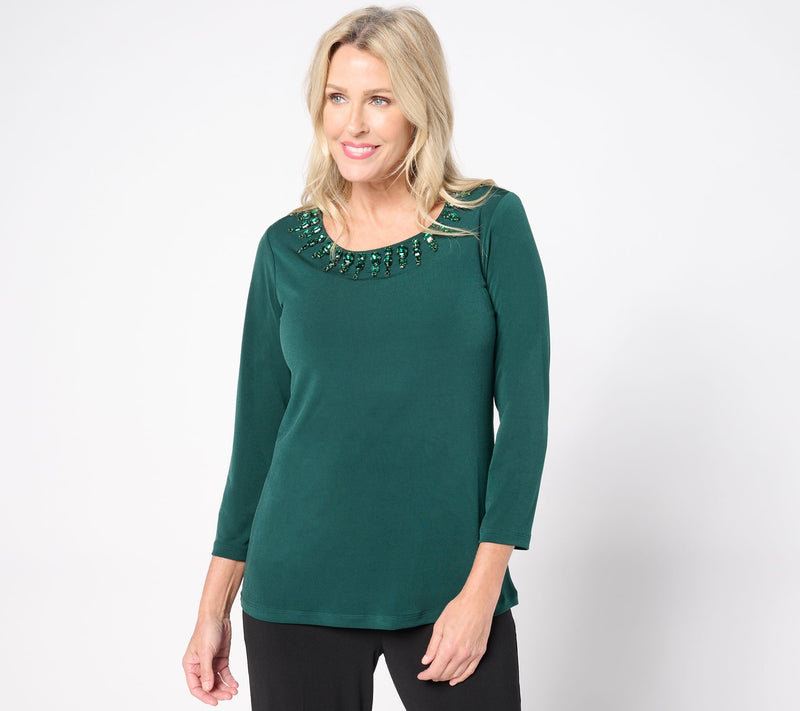 Susan Graver Artisan Embellished Neck Top with 3/4 Sleeves — View 7