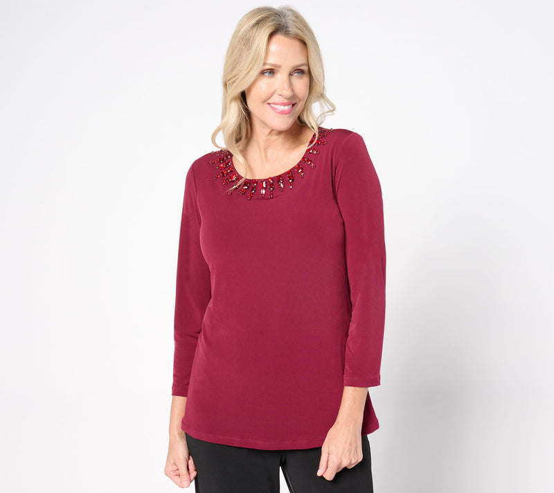 Susan Graver Artisan Embellished Neck Top with 3/4 Sleeves — Main view