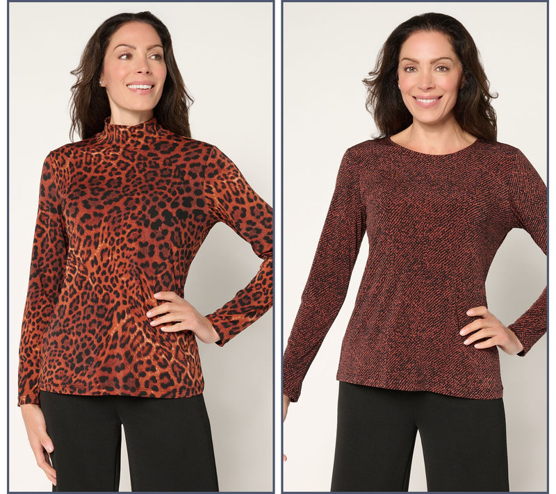 Susan Graver Printed Liquid Knit Set of 2 Long Sleeve Tops — View 18