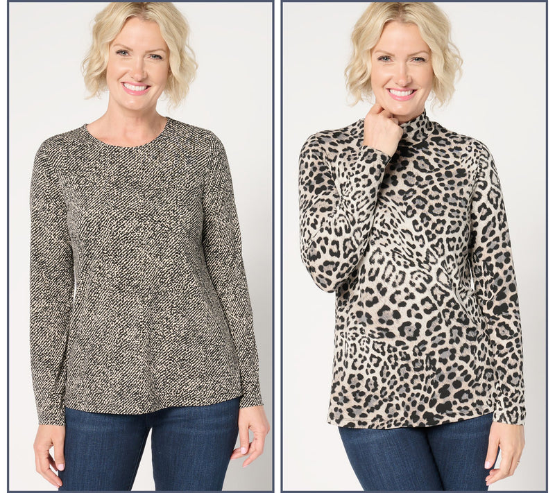 Susan Graver Printed Liquid Knit Set of 2 Long Sleeve Tops — View 3