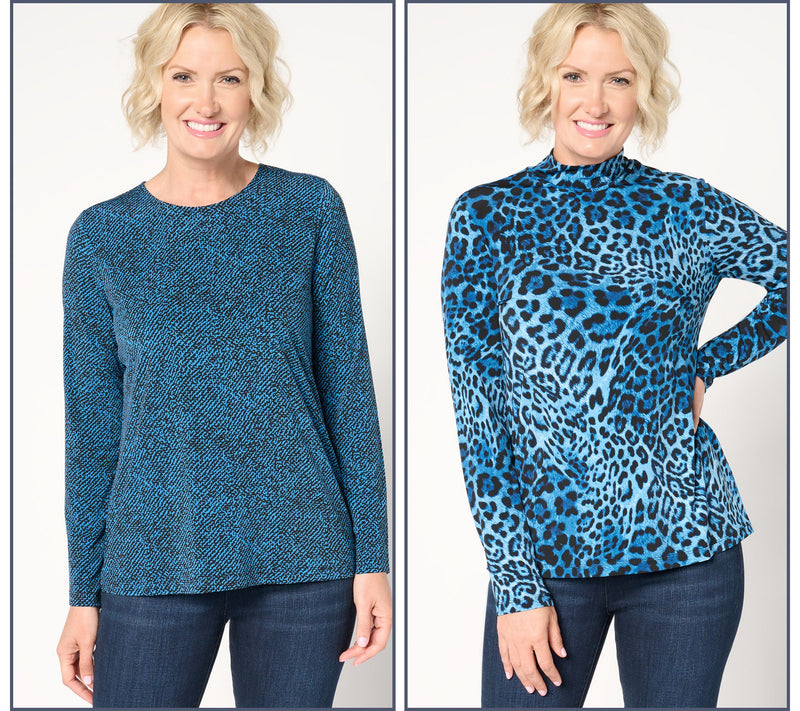 Susan Graver Printed Liquid Knit Set of 2 Long Sleeve Tops — View 5