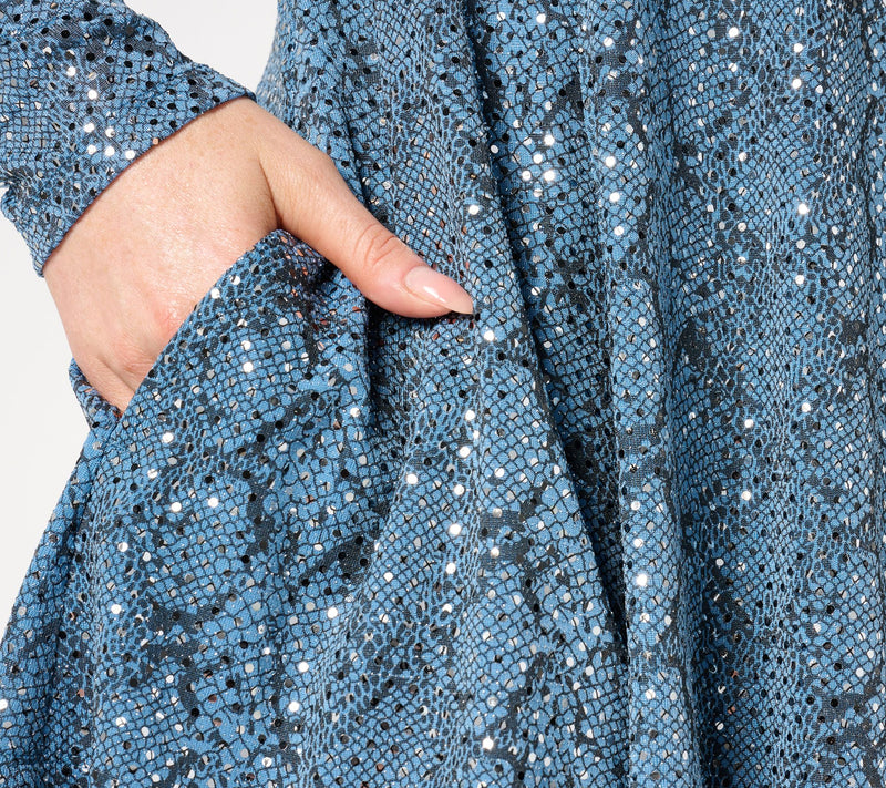 Susan Graver Occasions Reg Metallic Knit Foil Print Open Front Cardigan — View 13