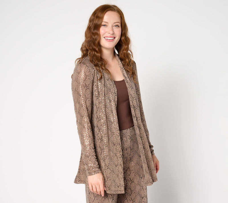 Susan Graver Occasions Reg Metallic Knit Foil Print Open Front Cardigan — View 9