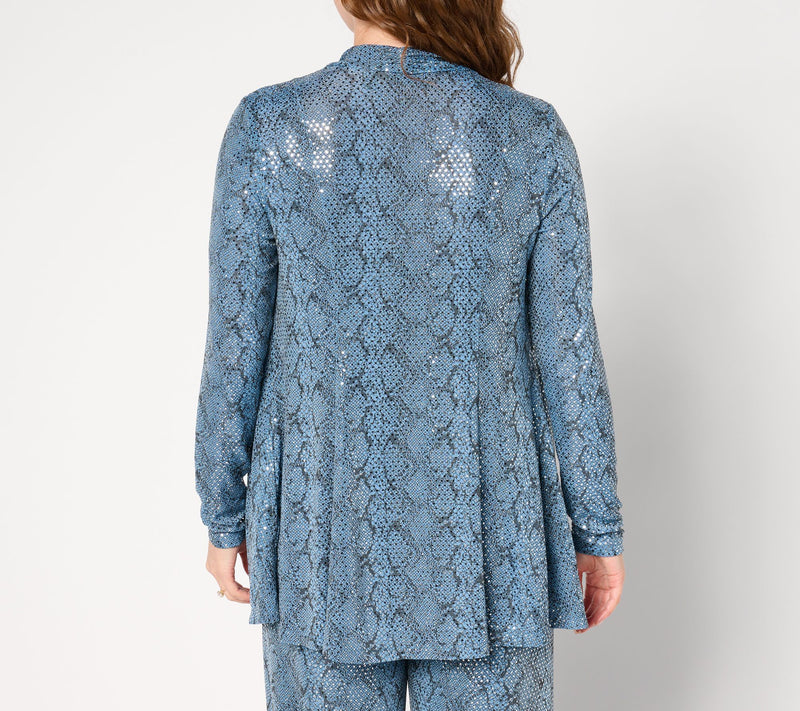 Susan Graver Occasions Reg Metallic Knit Foil Print Open Front Cardigan — View 11